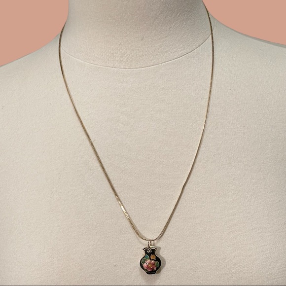 Vintage 14 K Gold Filled Necklace Cloisonné Vase 1980’s 24” Length - Picture 1 of 4